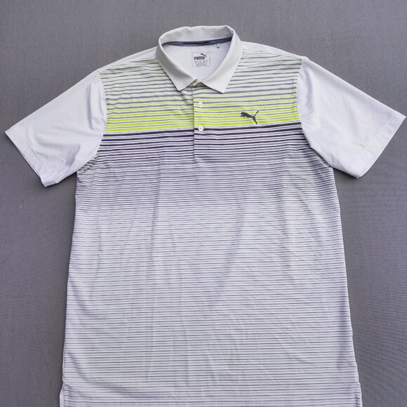Puma Golf Polo Shirt men's size M white colour with grey and lime green stripes - Picture 1 of 9